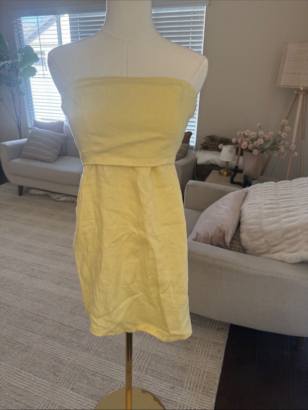 Reformation Strapless Lemon Yellow Linen Mini Dress